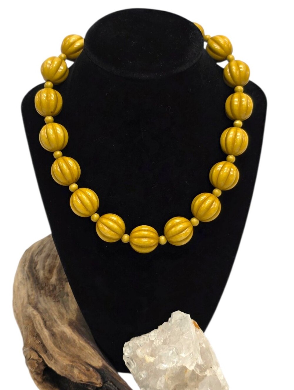 Vintage Mustard Chartreuse Melon Bead Necklace | Mid Century Lucite Statement